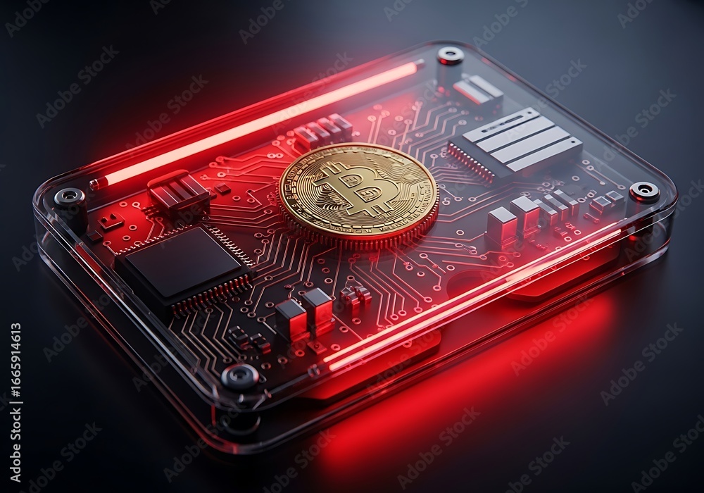 Poster bitcoin coin inside a transparent electronic device with glowing red circuits and computer chip