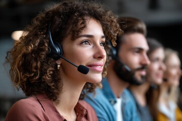 Smiling call center agents wearing headsets in an office, woman in foreground providing customer support and teamwork.