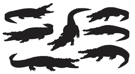 Collection of Alligator and Crocodile Silhouettes on a White Background silhouette collection alligator crocodile silhouettes white background The image features