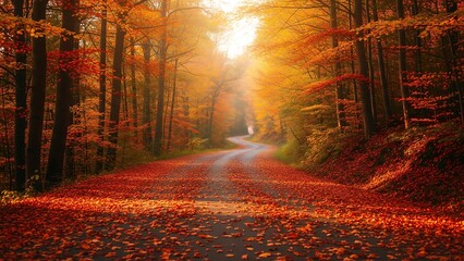 Fototapeta premium A golden autumn road lined with colorful fall leaves, cinematic perspective evoking warmth, nostalgia, and seasonal travel inspiration.