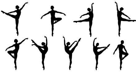 Elegant Ballet Dancers in Various Poses Artistic Silhouette Style on White Background silhouette