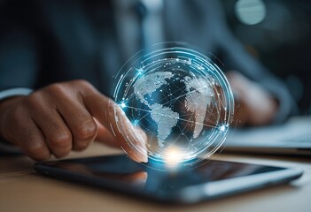 A person's hands hover over a tablet, interacting with a holographic projection of a world map.  The projection displays intricate network connections
