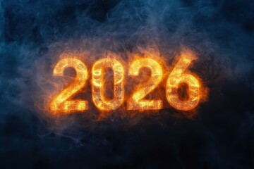 Numerical representation of the year" 2026" illuminated by a spotlight in a dark environment with a smoky effect