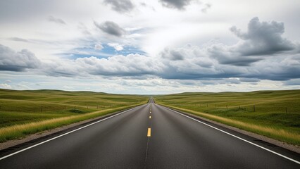 Fototapeta premium A long empty road stretching through green prairie under cloudy skies, representing solitude, simplicity, and calm travel vibes.
