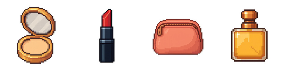 Fashion pixel art showcases black friday festival style with apparel and beauty items including lipstick, powder, purse, and perfume pixel design