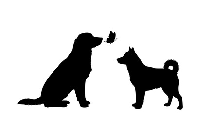 Two Dogs and Butterfly Silhouette Illustration