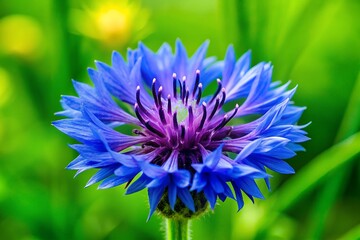 Vibrant blue cornflower bloom with delicate petals and purple center in soft green field