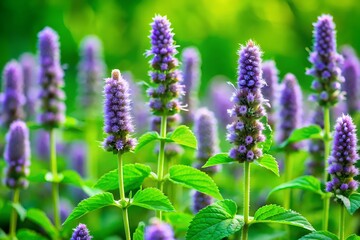 Close up of tall purple flower spikes with green leaves in a soft focus garden background