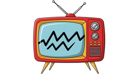 Retro red television with a zigzag signal on its screen, isolated on a white background