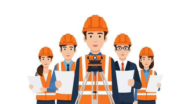 Dedicated team of civil engineers and surveyors in safety gear, utilizing professional equipment for precise land measurements and construction site planning