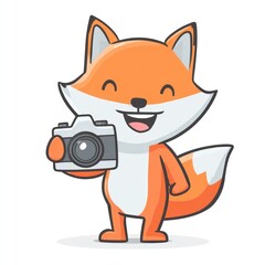 Obraz premium Joyful cartoon fox holding a camera, smiling with orange and white fur