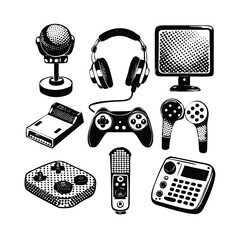 Retro Gaming Gadgets Halftone Illustration Set. Engraving Style Vector Graphics for Gamer Merch © revpy