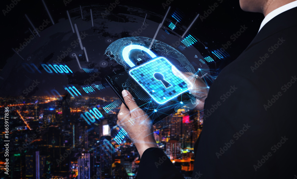 Poster cyber security protects against breaches, hacks, and network attacks using strong infrastructure and