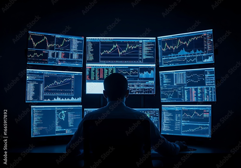 Poster A person from behind looking at multiple computer screens displaying financial market data and trading charts in a dark room
