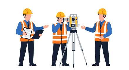 Construction Workers Surveying Land with Theodolite, Clipboards and Measuring Instruments