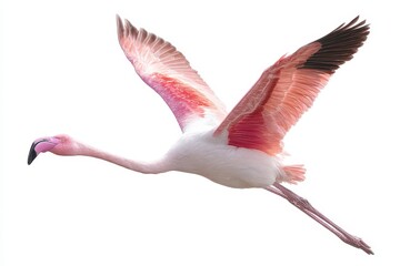 Fototapeta premium Flying pink flamingo bird gliding gracefully against a white background showcasing stunning plumage and unique wing structure