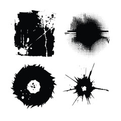 Monochrome Grunge Halftone Element Set. Retro Engraving Textures for Sticker Packs