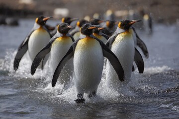 Obraz premium King penguins emerge from the water in South Georgia, showcasing their vibrant plumage and graceful movements in a natural habitat teeming with life and beauty