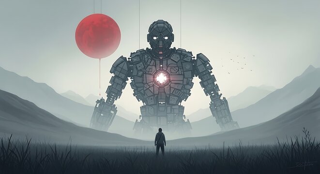 Giant Robot in Misty Landscape.
