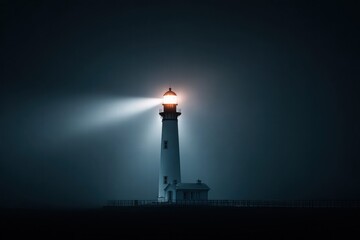 Fototapeta premium The solitary lighthouse beams a guiding light through the misty, dark night.