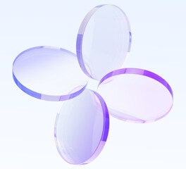 Plakat Abstract flower with petals of glass holographic round discs. Iridescent geometric figure of transparent circular disks. Crystal plate shapes with purple gradient on light blue bg. 3D illustration