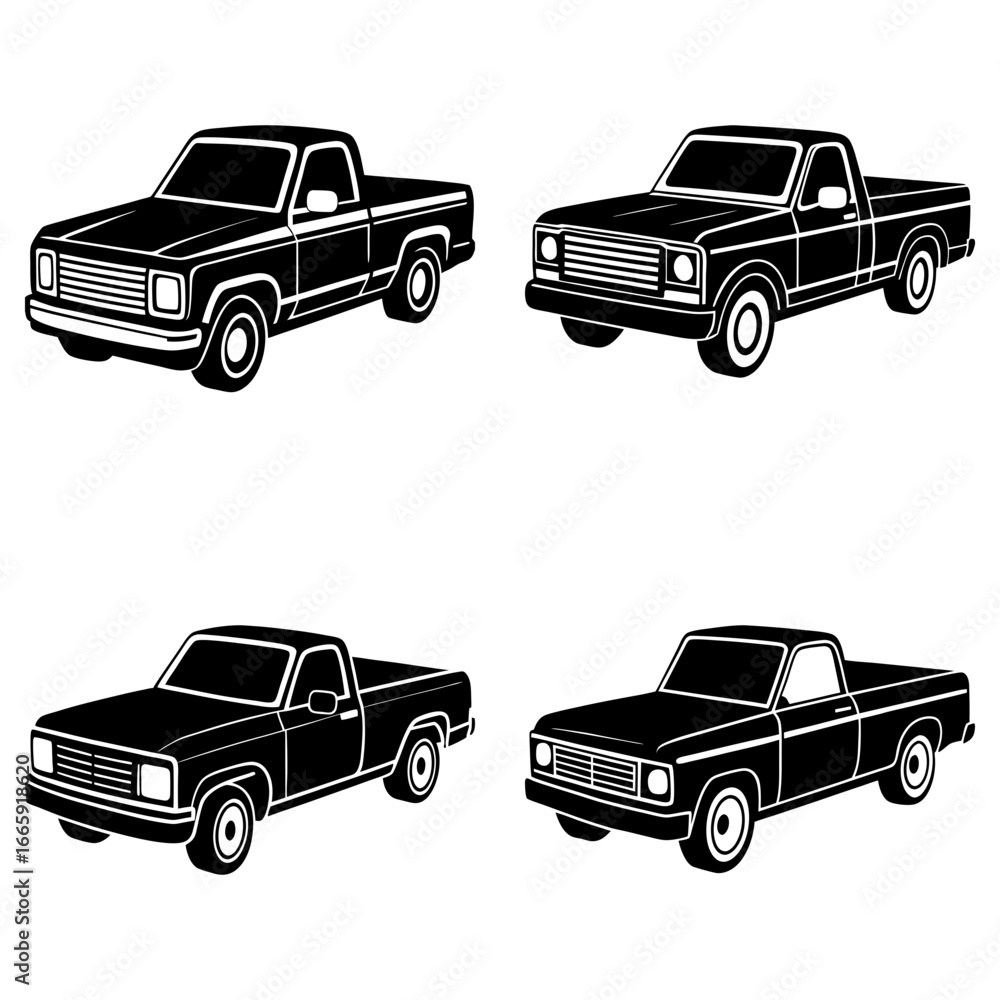 Poster four black pickup trucks in different perspective views on a white background in vector format desig