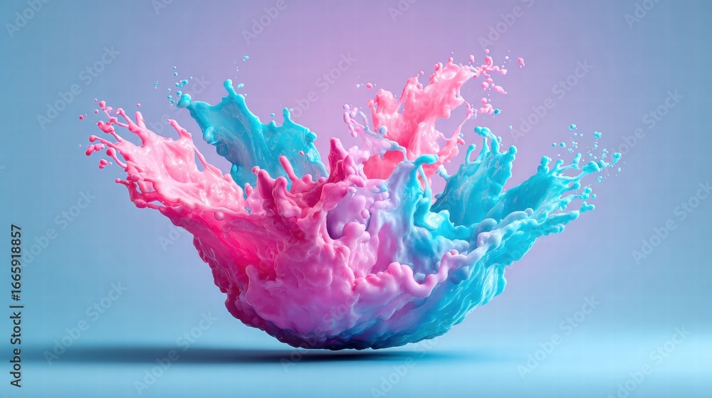 Poster a stunning display of pink and blue fluid splashing with a smooth gradient in the background.