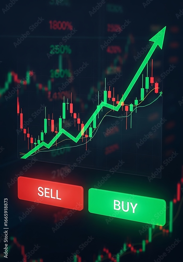 Poster cryptocurrency trading chart showing upward trend with buy and sell buttons in a dark, futuristic se