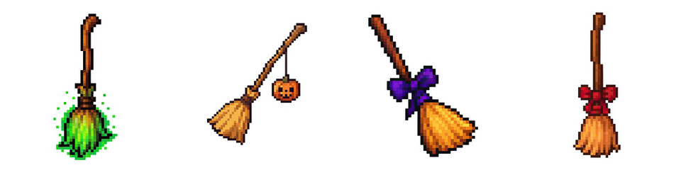 Halloween pixel art features four broomsticks with different decorations including green glowing bristles and festive bows creating spooky