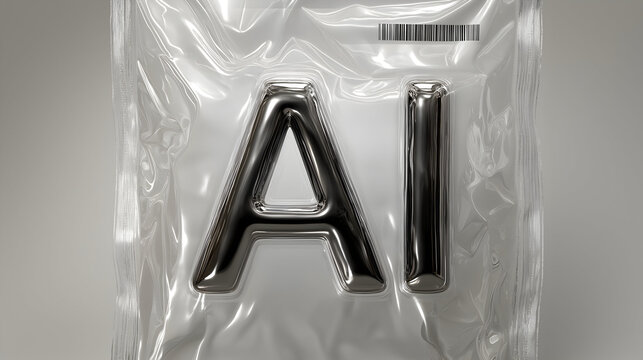 Metallic letter A and I in a transparent plastic package, showcasing modern design elements, emphasizing technology and innovation in artificial intelligence branding