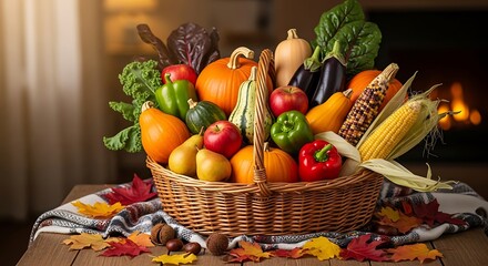 Autumn Harvest Basket of Colorful Fruits and Vegetables.