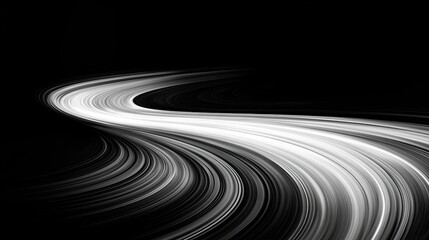 A digital art piece featuring a dynamic, abstract design of curved lines in shades of white and black.