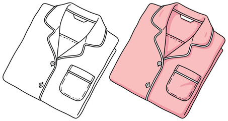 Pajama vector illustration showing a folded long sleeve button up sleepwear shirt in both black outline sketch and soft pastel pink filled color version