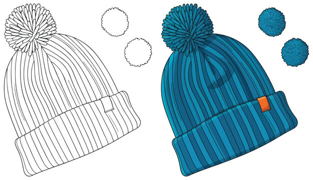 Beanie vector illustration featuring knitted winter hat with pom pom design in black outline and blue color version for seasonal fashion use