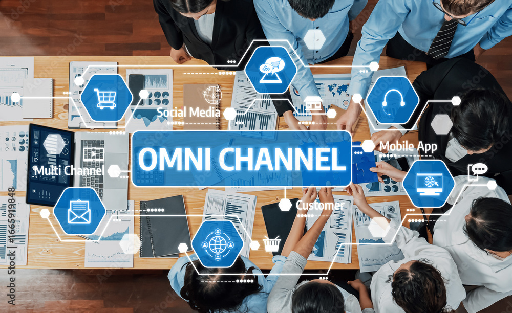 Poster a dynamic business team collaborates on an omni channel marketing strategy, analyzing various data c