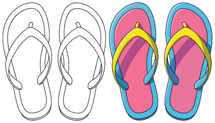 Flip flops vector illustration in top view with clean line art and flat color design presented as a modern fashion footwear template for stylish summer sandal mockup