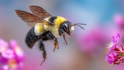 Close-up of a bumblebee in flight, hovering near purple flowers