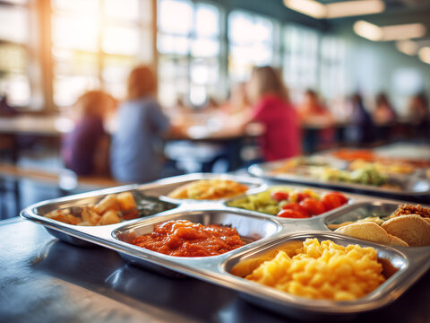 Close-up of colorful school lunch meals on trays, high-resolution, bright and realistic, vibrant appetizing food, photorealistic, American cafeteria, children blurred in background.