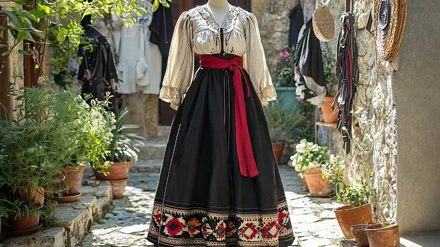 french attire video of corsican traditional outfit on mannequin in stone courtyard