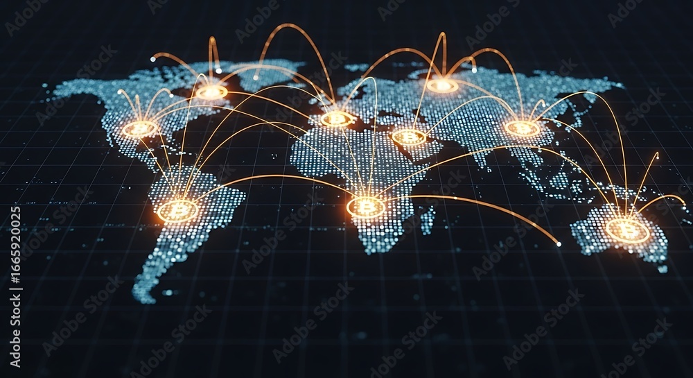 Poster Digital world map with glowing connection points and lines representing global network and communication