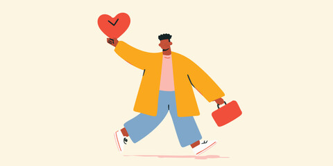 Fototapeta premium A dynamic and stylized illustration features a person holding a heart symbol with a clock face, with an energetic stride indicating an embrace of life, love, and the passage of time.