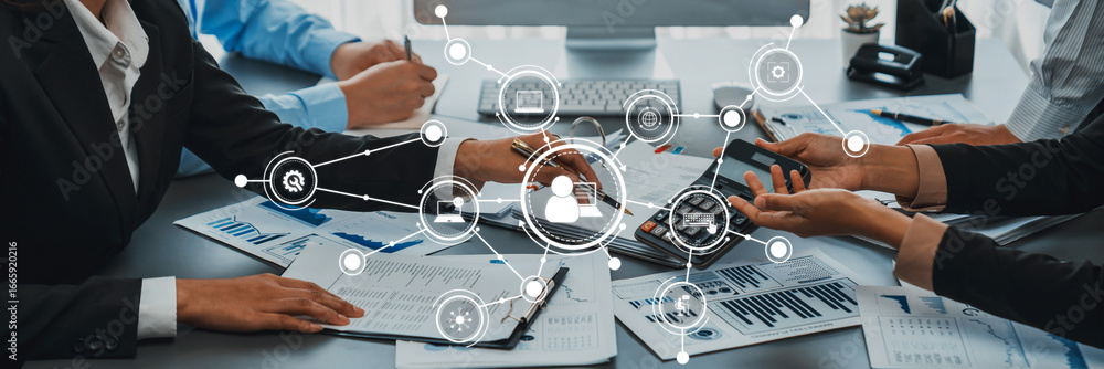 Poster a modern business scene depicting professionals collaborating in an office environment, emphasizing 