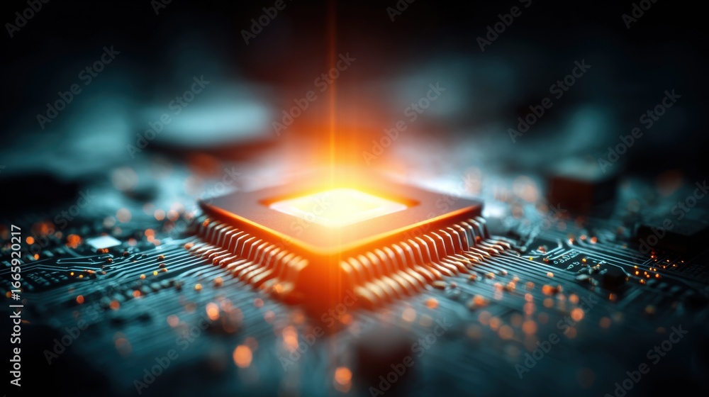 Poster illuminated cpu central processing unit on a circuit board, a technology concept.