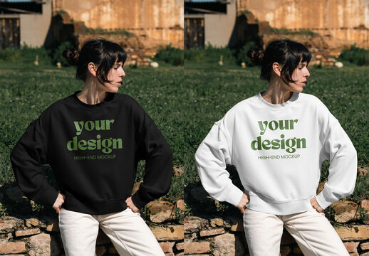 Mockup Of Woman Wearing Customizable Sweater Outdoors, Front View