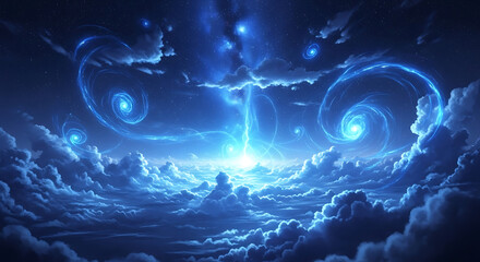 A surreal cosmic sky with swirling nebulae and bright lights creating a celestial spectacle