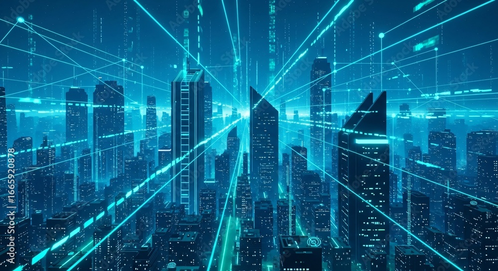 Poster dynamic neon cityscape with digital data streams connecting buildings