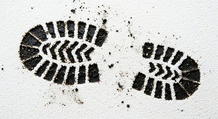 Sole of dirt boot print on white background. Trail footprint pattern. Concept of journey, trace, evidence.