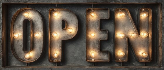 The Open Marquee Sign Glowing Vintage Industrial Bulbs in Rustic Metal Frame