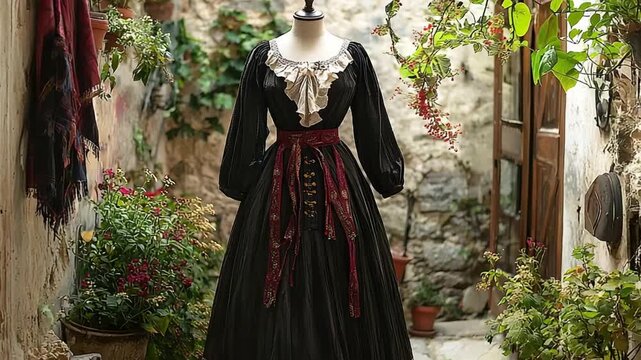french attire video of corsican traditional outfit on mannequin in stone courtyard