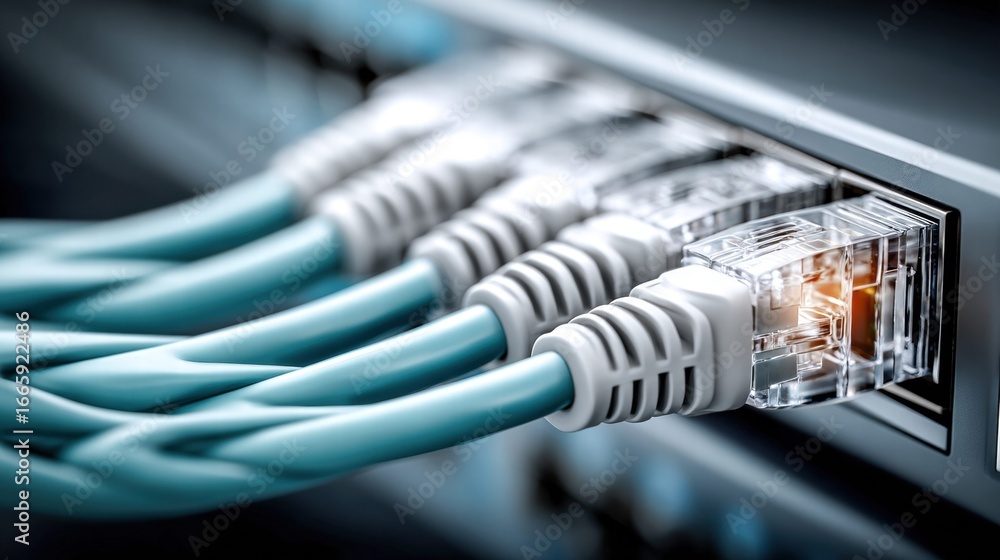 Poster ethernet cables connected to a network switch, symbolizing data transfer and internet connectivity.